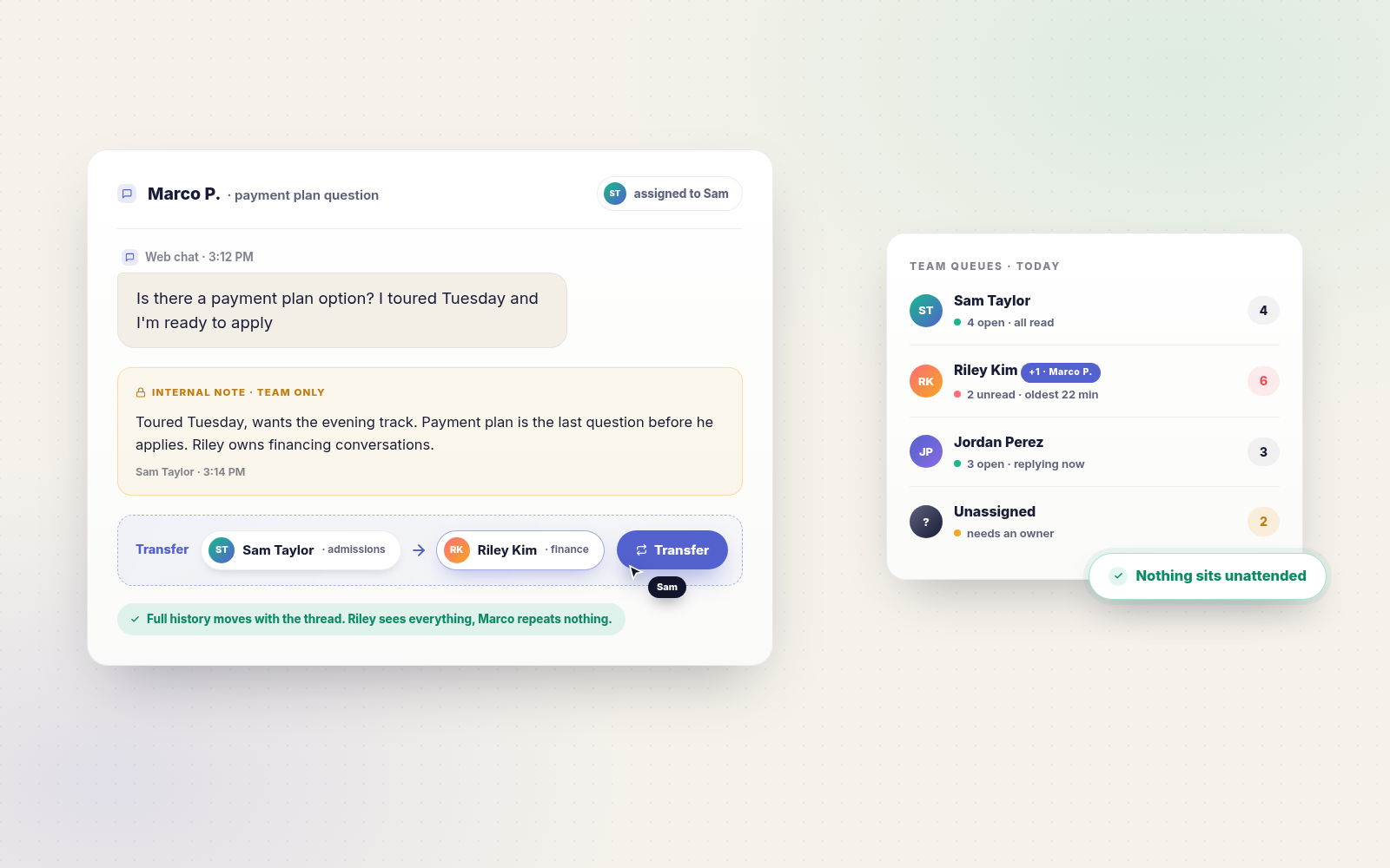 Shared team Inbox with thread assignment, transfer, and per-rep queue visibility.