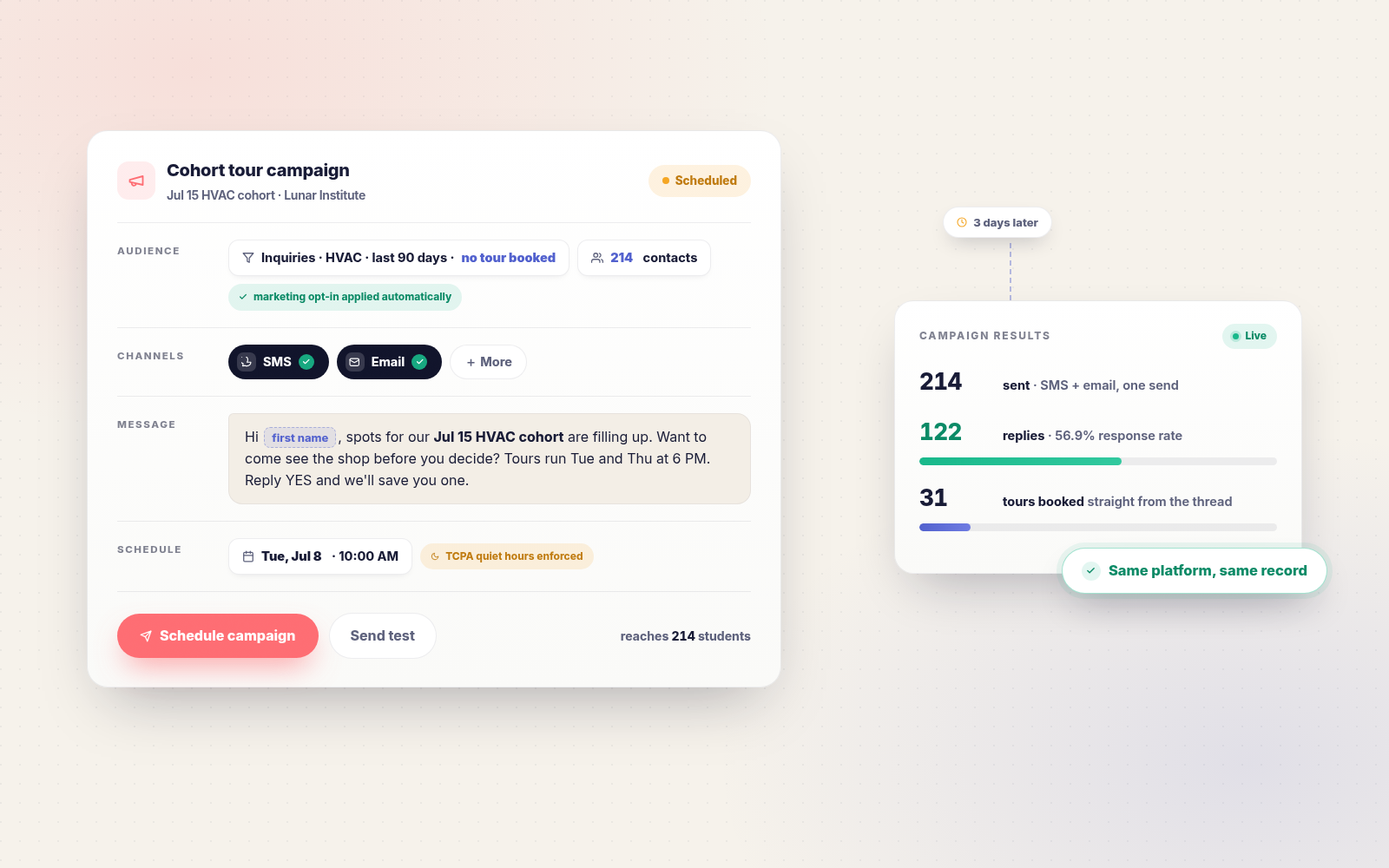 Campaign builder with audience targeting, channel selection, scheduling, and live campaign results.