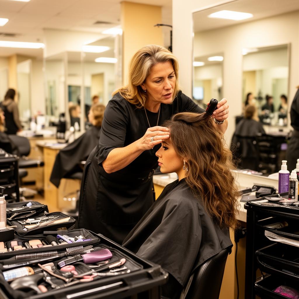 Cosmetology instructor working with a student at a styling station on a salon-school floor.